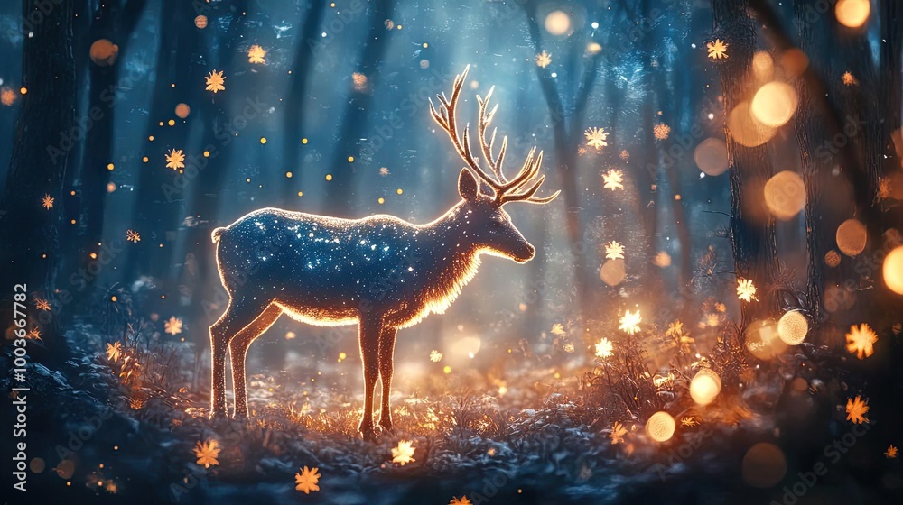 Poster a magical deer stands in a mystical forest, surrounded by shimmering lights and glowing particles, e