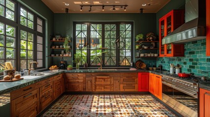 Interior, kitchen, clean modern design featuring green and red color scheme, beautiful light