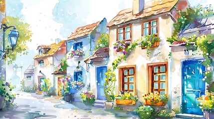 Naklejka premium A playful watercolor illustration of tiny homes along a narrow street, with vibrant doors and charming window boxes full of flowers. 8k UHD, suitable for high-quality printing or digital display. 