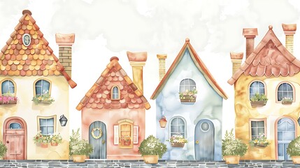 A quaint watercolor illustration of a row of cottages, each painted in different pastel shades, with colorful flower boxes on the windowsills. 8k UHD, suitable for high-quality printing or digital 