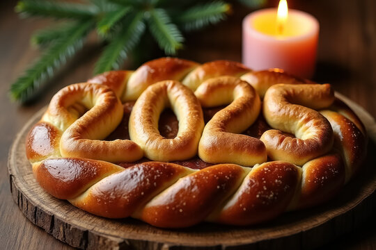 Braided bread displaying 2025 with candle