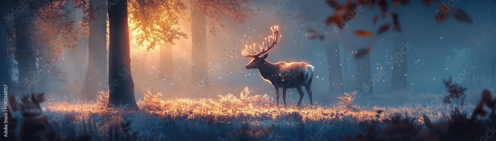 Poster A serene scene of a deer in a misty forest at dawn, with soft light filtering through the trees, creating a tranquil atmosphere.