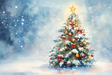 Obraz premium A festive Christmas tree adorned with colorful ornaments and a glowing star, set in a serene snowy winter landscape.