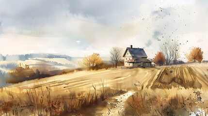Obraz premium A simple watercolor painting of a farmhouse surrounded by fields and rolling hills, with soft, muted colors capturing the rural setting. 8k UHD, suitable for high-quality printing or digital 