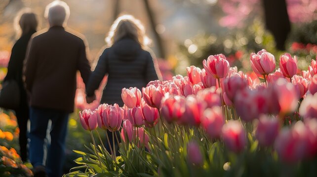 Couple walking through a blooming tulip garden in springtime.