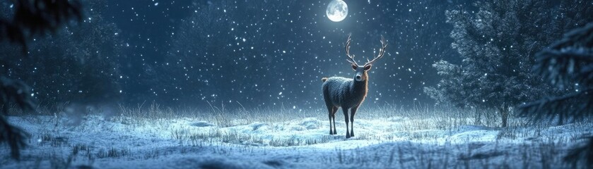 A serene winter night with a solitary deer under a glowing moon, surrounded by a snow-covered landscape and falling snowflakes.
