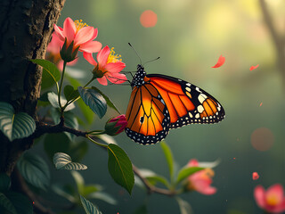 A butterfly landing on a blooming cherry branch 