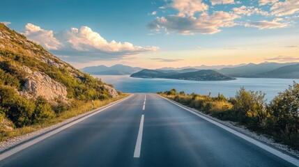 Obraz premium Empty asphalt highway and blue sea nature landscape at sunset 