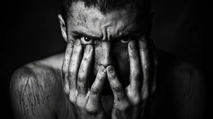 A man standing frozen with fear, his face pale and his hands trembling