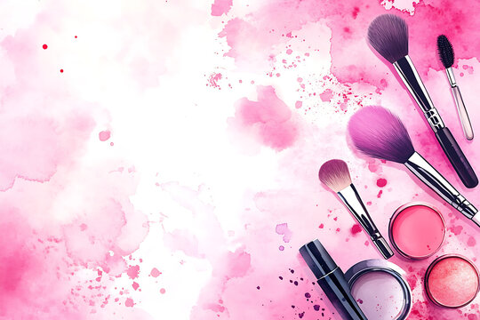 Traces of vibrant pink powder and blush forming a frame, with a makeup brush. A square template for a makeup artist's business card or flyer design, 