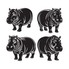 Set Hippo Vector Art for Merchandise.