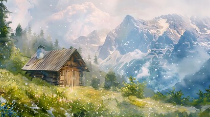 Fototapeta premium A watercolor painting of a rustic wooden cabin set in the mountains, with soft brushstrokes creating a serene, natural environment. 8k UHD, suitable for high-quality printing or digital display. 