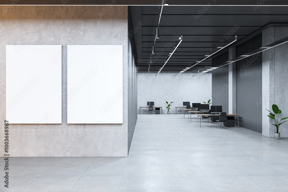 Aufkleber modern coworking office interior with furniture and empty white mock up banners on wall. 3d renderin