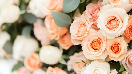 Fototapeta premium Beautiful floral arrangement with soft peach and coral roses, Generative AI