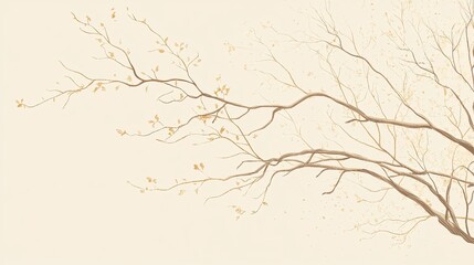 A delicate illustration of bare branches with sparse autumn leaves against a soft, neutral background.