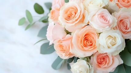 Beautiful floral arrangement with soft peach and coral roses, Generative AI