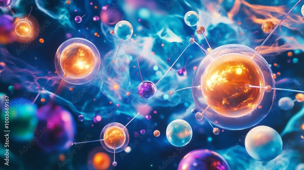 Poster a colorful image of many different colored spheres, some of which are yellow