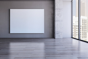 Bright interior with empty white mock up banner, panoramic windows, city view and daylight. 3D Rendering.