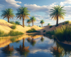 Palm Trees Reflecting in a Desert Oasis - 3D Illustration