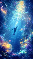 Underwater Diver in Bioluminescent Sea