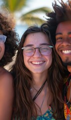 Fototapeta premium Three friends smiling and laughing together. AI.