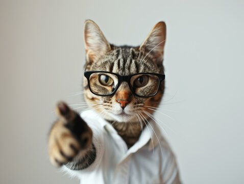 A cat wearing glasses and a shirt points a finger at the camera. AI.