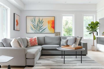 Grey couch in modern living room with green carpet. Clean, comfortable, contemporary decor. Bright, elegant, luxurious home interior design. Minimalist furniture, wooden frame, stylish pillow, plant