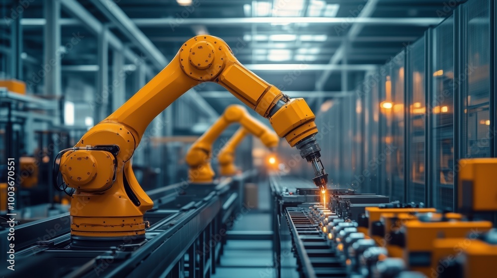 Poster industrial robotic arm in action. robotic arm engaged in automated tasks within a factory. the image