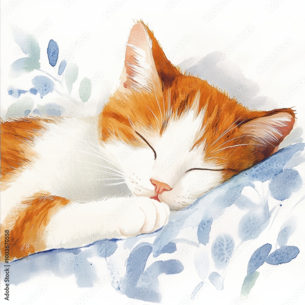 Poster a peaceful orange and white cat sleeping comfortably on a soft bedspread with floral patterns in a c