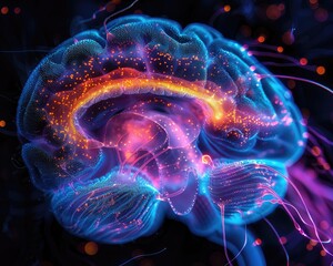 Fototapeta premium Abstract digital illustration of a human brain with glowing neurons.