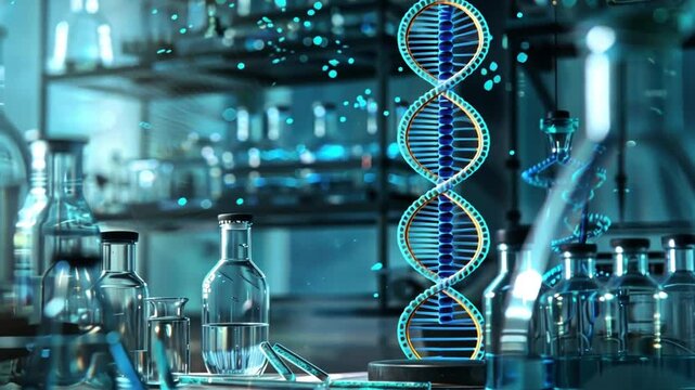 Dna strand in the laboratory. DNA transmission glowing rotating. Molecule helix Science and medicine 3D animation on dark blue laboratory background.