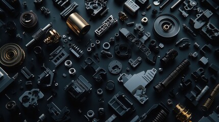 Fototapeta premium Detailed Image of Mechanical Components and Parts Arranged in Artistic Formation on a Dark Surface