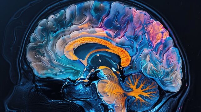 Abstract digital illustration of a human brain, showcasing intricate neural pathways and structures in vibrant colors.