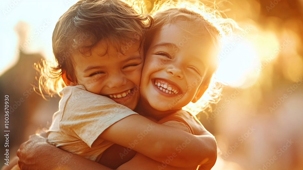 Wall mural joyful parent-child hug in warm light