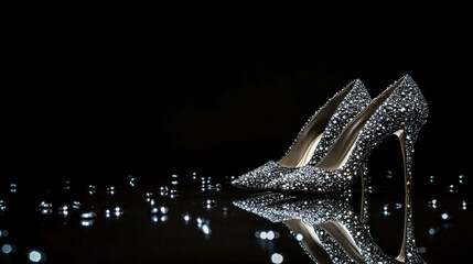 Pair of sparkly high heels reflecting on a black surface