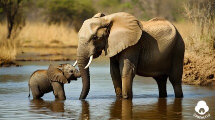 an adult elephant and a baby elephant standing in a shallow body of water, likely a river or a pond. The adult elephant is on the right, and the baby elephant is on the left