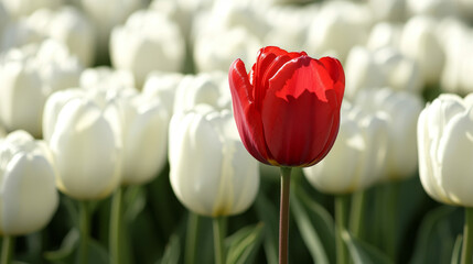 One red tulip on a background of white tulip