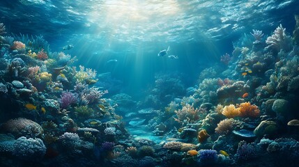 an underwater scene of a vibrant coral reef. Sunlight filters down through the water, illuminating the diverse and colorful corals and marine life. The reef is teeming with various shapes