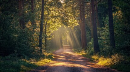 Obraz premium Photography of a sunlit forest path with high trees, capturing the gentle interplay of light
