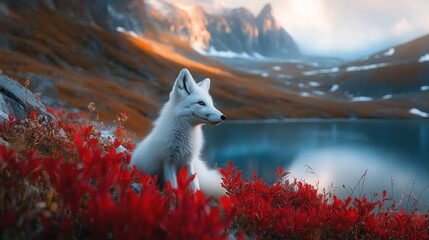 Majestic Arctic Fox Resting Among Vibrant Red Alpine Flowers with Stunning Mountain and Lake