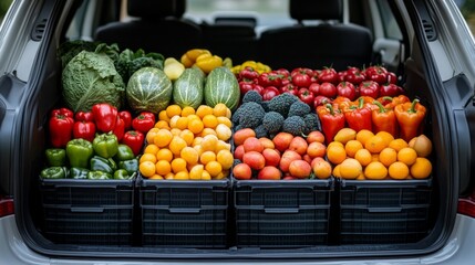 A car is filled with a variety of fruits and vegetables