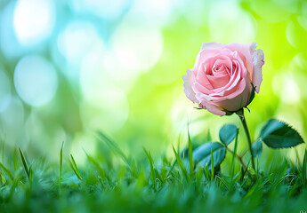  A pink rose in the grass, with green leaves and dewdrops on it. The background is blurred and has a soft light blue color tone. Created with Ai