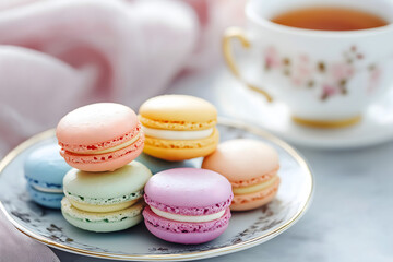 Fototapeta premium A selection of colorful macaroons displayed on a ceramic plate with a cup of tea in a soft, pastel-colored cafe setting, Dessert