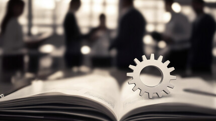 Business training, innovation and company organization concept. Virtual gear icon standing on an open book isolated blurred business team background. Increasing worker qualification and job adaptation