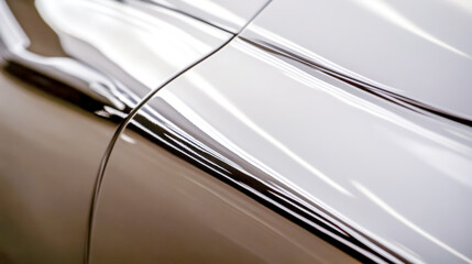 Polished white car body reflecting light in showroom