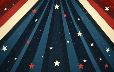 A vibrant, patriotic design featuring red, white, and blue rays with stars, evoking a festive and celebratory atmosphere.