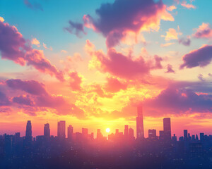 Cityscape Silhouette with Dramatic Sunset Clouds - Illustration