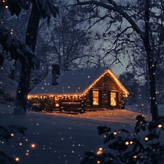 Silhouette of a snow-covered cabin with Christmas lights glowing in the windows.