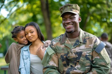 African American soldier in military uniform smiling with family in park. Happy father with children, wife in autumn nature. Casual attire, kindergartner, mother, parenting, candid, carefree moment.