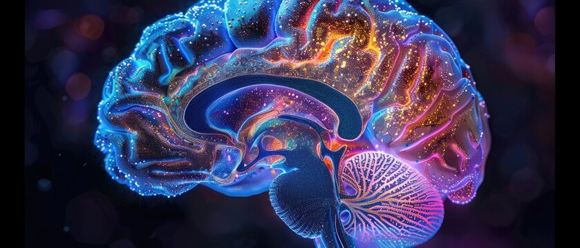 Abstract digital illustration of a human brain with vibrant colors.